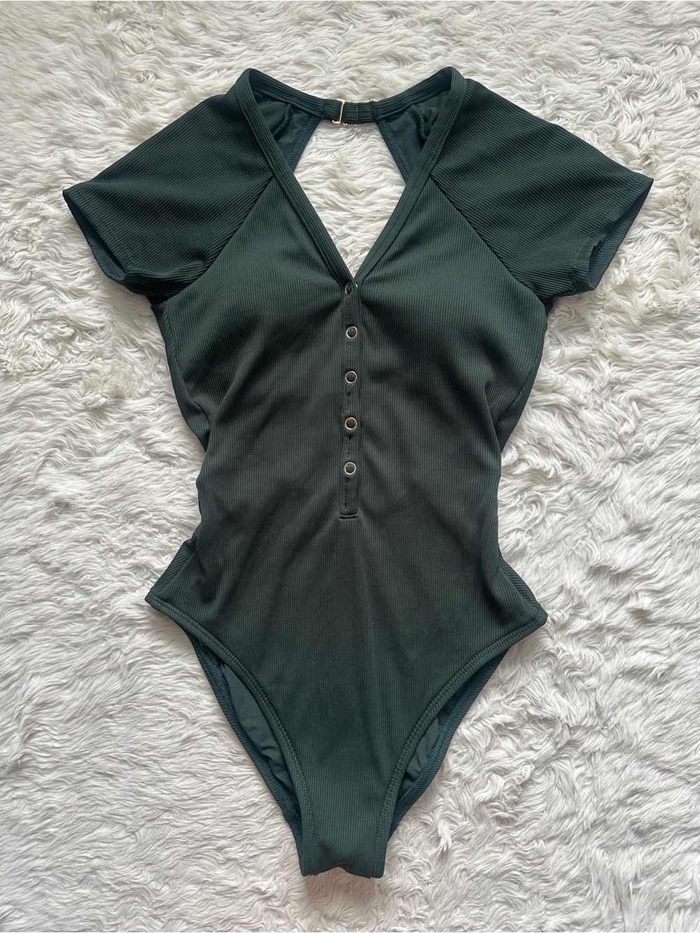 Robin Piccone Amy Plunge Neck Cap Sleeve One-Piece Swimsuit Open Back Green Sz 4